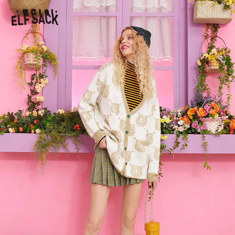 Prix Elfe sac col en V tigre impression bouton avant décontracté Cardigan pull femmes vêtements 2019 automne Style coréen femme chandails