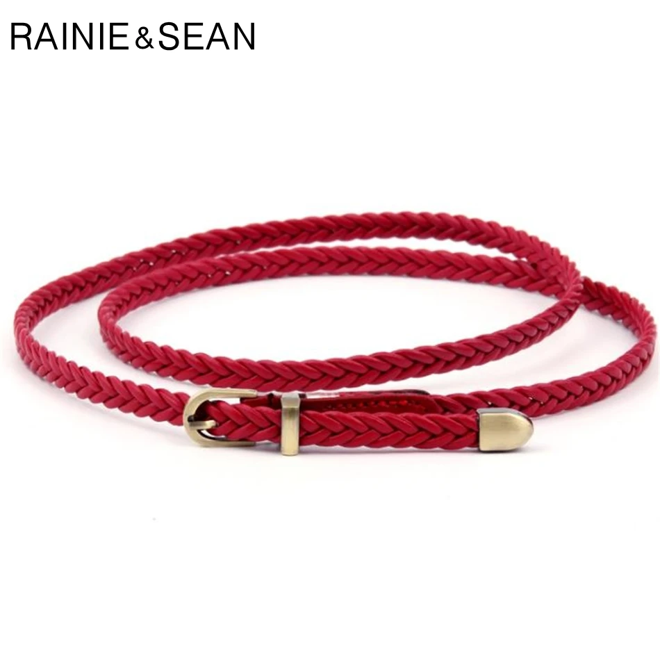 RAINIE SEAN Braided Leather Belt Women Thin Waist Belt Black Red White Pink Ladies Pu Leather Strap Pin Bucklet Female Belts