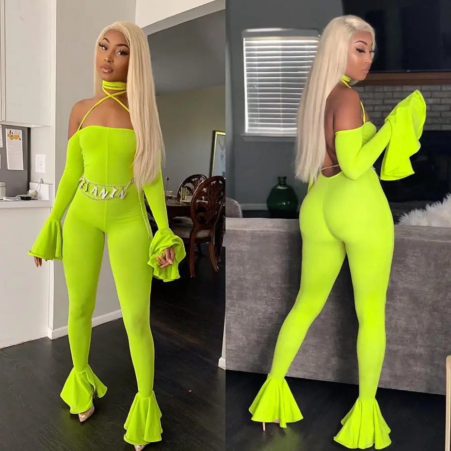 HAOYUAN Sexy Backless Rompers Womens Jumpsuit Fashion Nova Fall Body One Piece Outfits Neon Green Long Sleeve Bodycon Jumpsuit