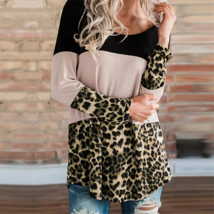  Leopard Sweatshirts Women Long Sleeve Top Splice Hoodie Women Pullovers Lace Back Button Sweatshirt