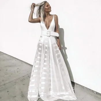 

Wedding Lace Women Dress Boho A-line Solid Holiday Tank Floor-Length Dresses V-Neck High Waist Summer Sleeveless Dresses #F