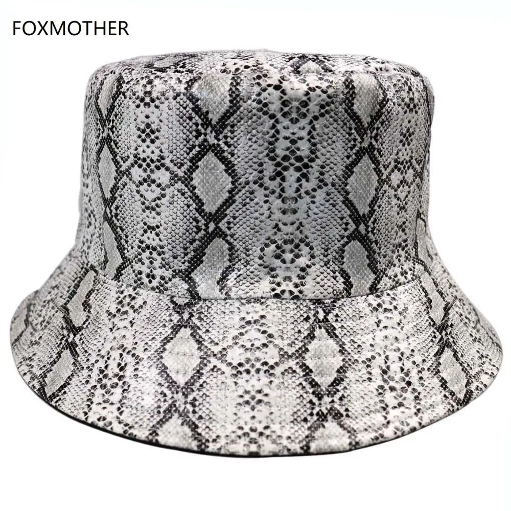 

FOXMOTHER New Fashion Casquette Snake Skin Print Leather Bucket Hats Fisherman Hats Caps Women Ladies