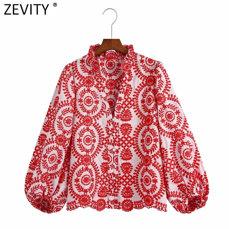 Женская винтажная блузка Zevity LS9700 с воротником-стойкой и цветочной вышивкой |