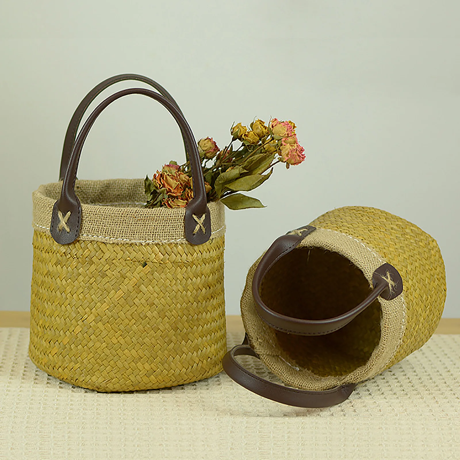 Straw Weaving Desktop Dried Flower Baskets Seaweed Box New Placement Home Craft Light Yellow Wedding Decoration Storage Weave | Дом и сад