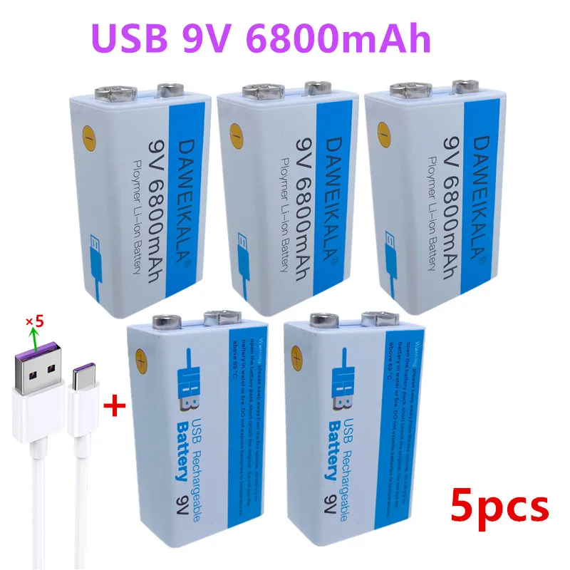 Перезаряжаемая литий-ионная батарея 9 в USB 5 шт./лот 6800 мАч подходит для камер и