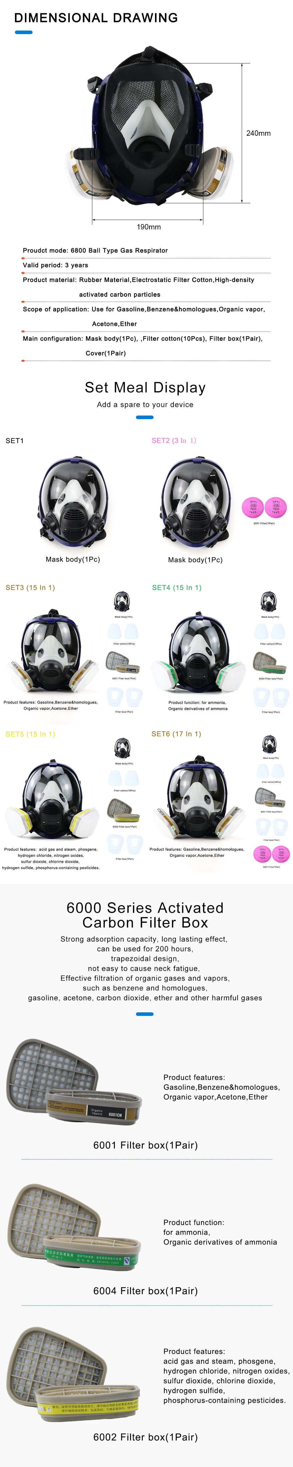 Máscara protección gas químico a prueba de polvo, respirador antivaho, filtro facial completo 6800/6001, pesticida de pintura en aerosol de soldadura 6002/6004