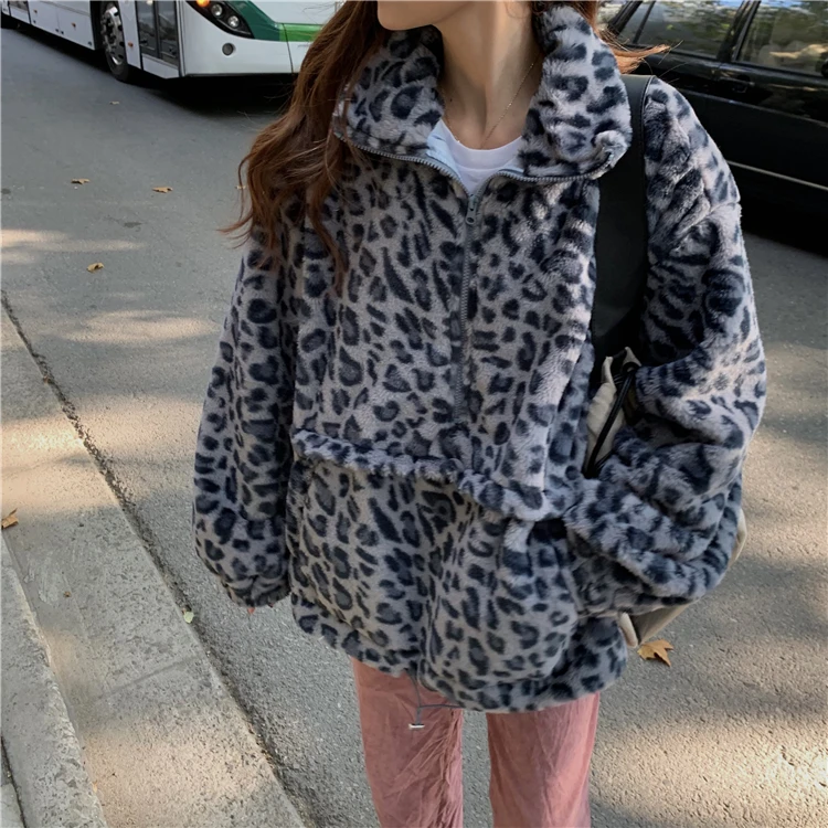 Gaganight Leopard Fleece Autumn Winter Fashion Hoodies Long Sleeve Stand Collar Korean Sweatershirt Girls Outwear Loose Tops New - Color: Gray