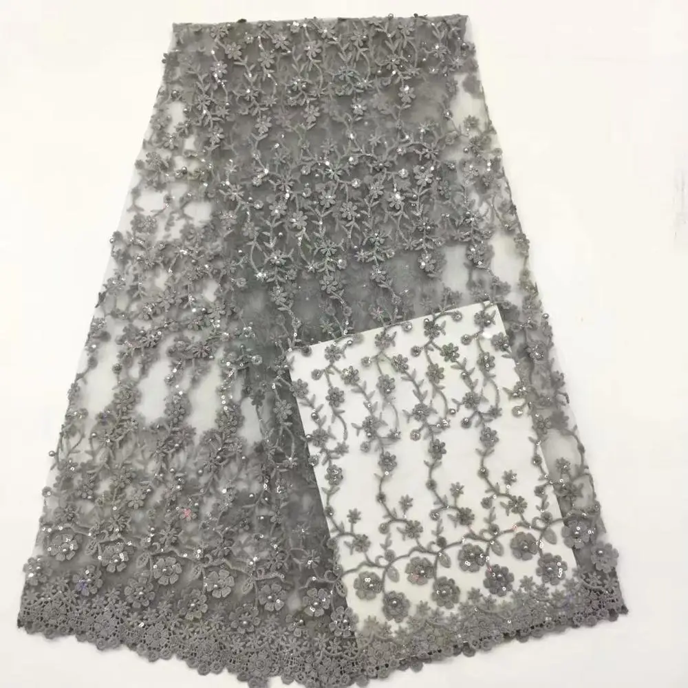 

African lace fabric 5yds/pce grey beads sequins embroidery mesh fabrics women gorgeous lagos party asoebi bright swiss dress