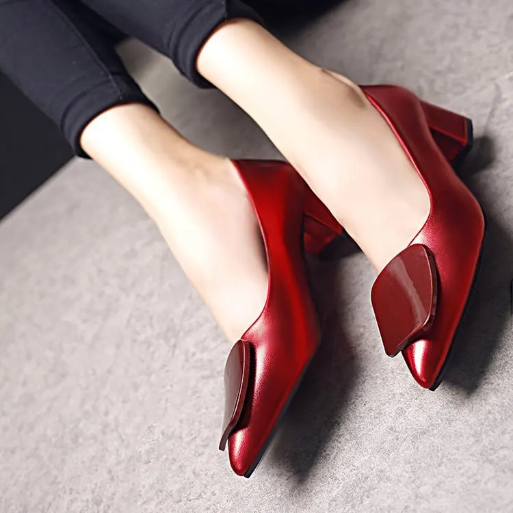 autumn new high heels women shose chunky heels pointed toe Square buckle large size womens shoes B94