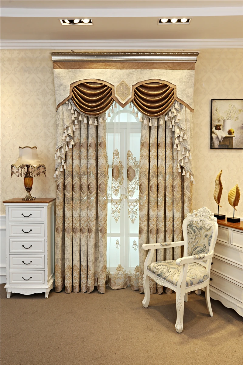 European and American luxury high quality elegant beige chenille embroidered blackout curtains for living room windows bedroom