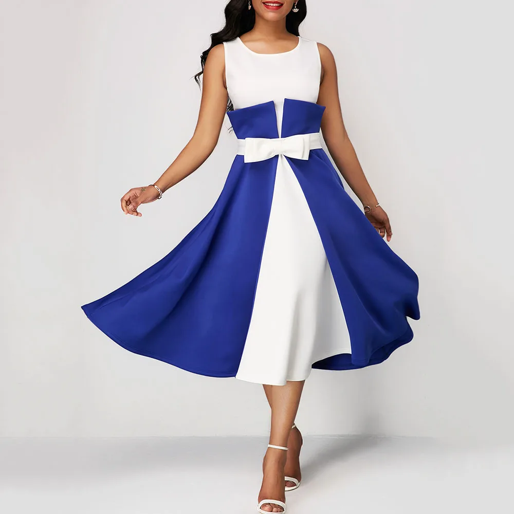 

Patchwork Expansion Plus Size Prom Dress Sexy Blue Sleeveless Party Homecoming Dresses Bowknot Elegant Mid-Calf Vestidos 5XL