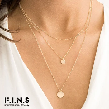 

F.I.N.S Simple Multi Layered Round Coin Pendant Necklace Chocker Necklaces for Women Stainless Steel Necklace Minimalist Jewelry