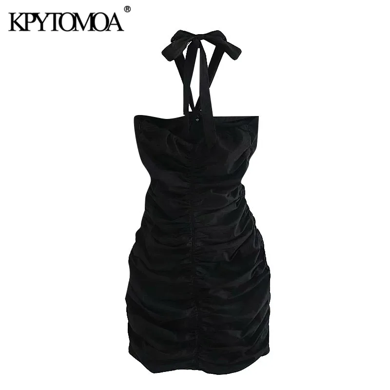 KPYTOMOA Women 2020 Sexy Fashion Draped Mini Halter Dress VIntage Back Bow Tied Side Zipper Female Dresses Vestidos Mujer KPYTOMOA Women 2020 Sexy Fashion Draped Mini Halter Dress VIntage Back Bow Tied Side Zipper Female Dresses Vestidos Mujer