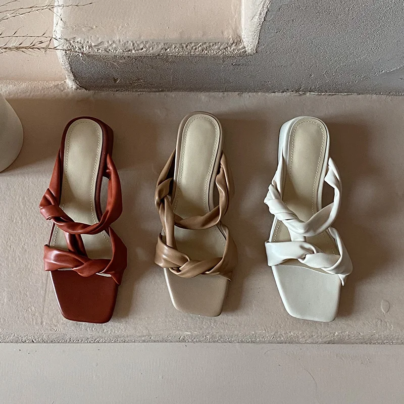 

Ladies Mid Heels Slippers French Retro Handmade Genuine Leather Stretch Sandals Summer Square Toe Strappy Sandal Shoes Slides