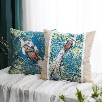 

DUNXDECO Cushion Cover Decorative Pillow Case Artistic Modern Lyrebird Blue Elegant Patchwork Coussin Sofa Chair Bedding Decor