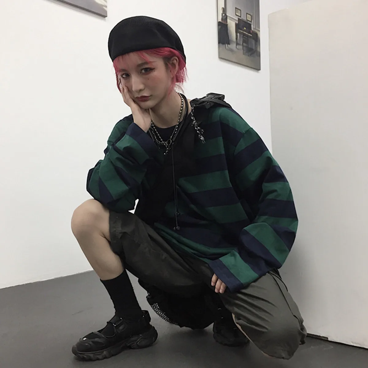 Harajuku негабаритных Хай-стрит футболка в полоску с длинными рукавами винтажном
