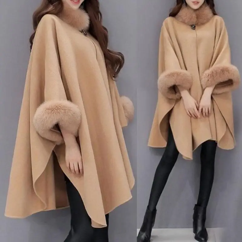

Plus Size Pure Color Loose Cape Faux Fur Collar Overcoat Women Woolen Cloak