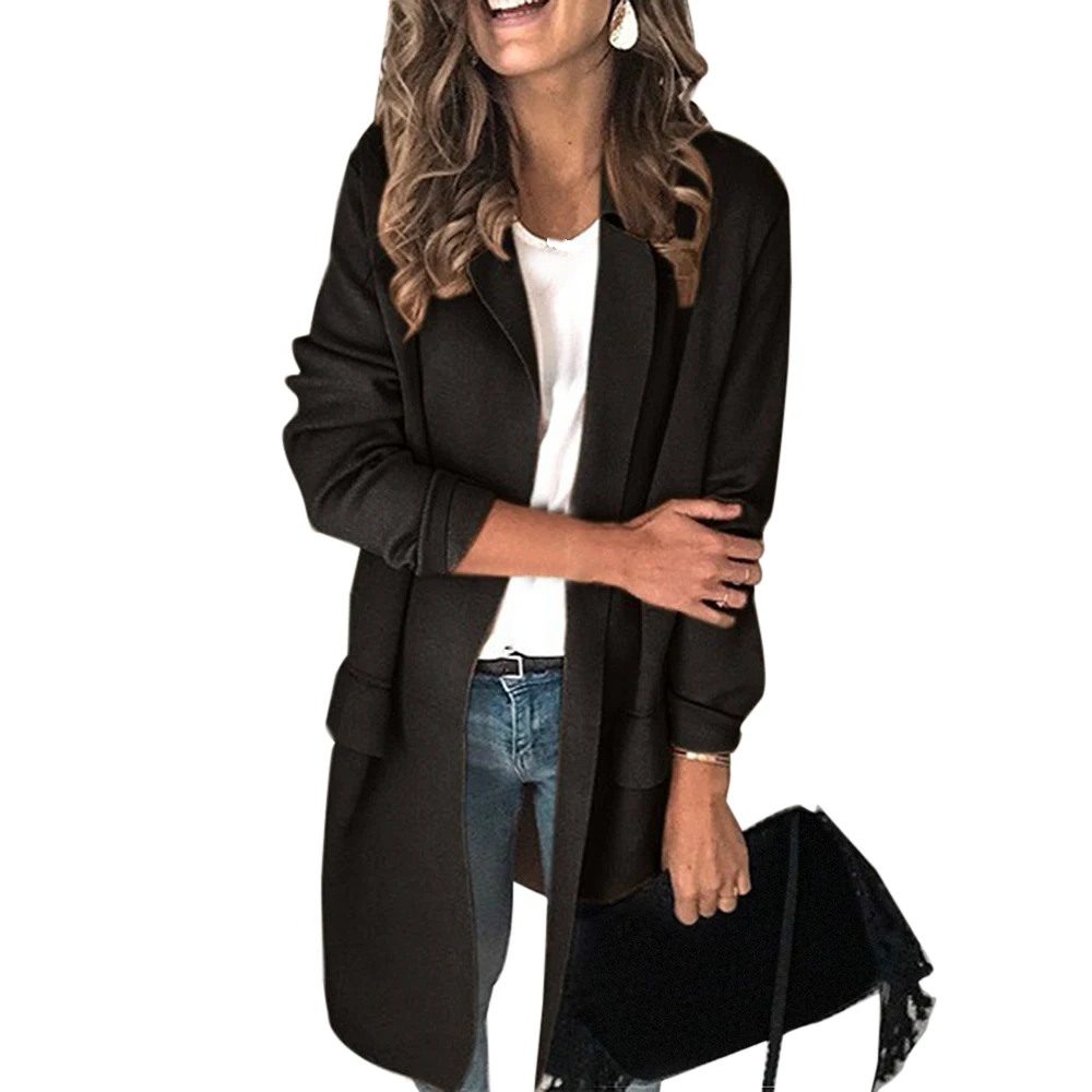 Длинный женский Блейзер, зимнее Формальное пальто с воротником с лацканами, приталенный офисный Женский блейзер, Mujer, повседневный костюм с открытой строчкой, куртки, одноцветные костюмы