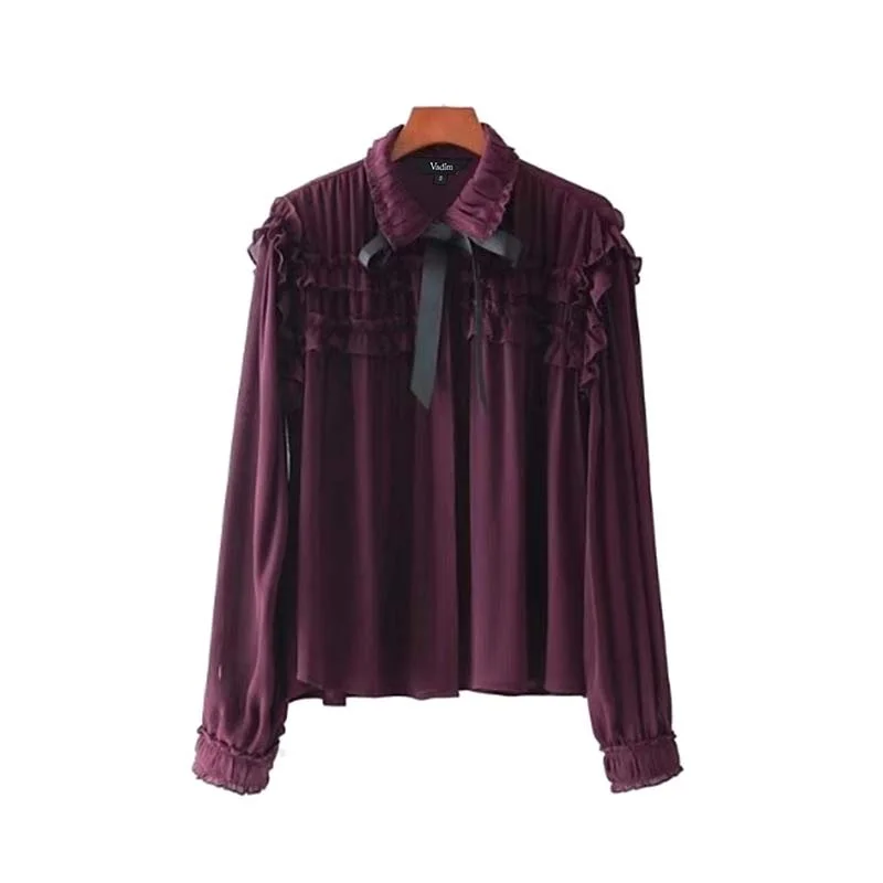 Wine Red Женские Милые шифоновые рубашки с бабочкой и оборками, плиссированные жемчужные женские свободные блузки с длинным рукавом, повседневные топы, блузы LT2315 - Цвет: Wine Red