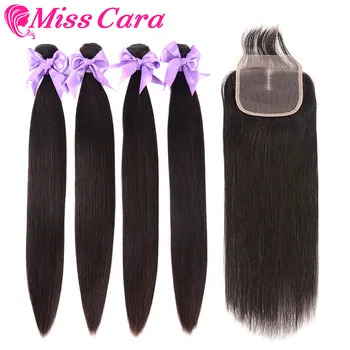 

Peruvian Straight Hair 4 Bundles With Closure 100% Human Hair Bundles With Closure 4*4 Middle/Free Part Closure Miss Cara Remy