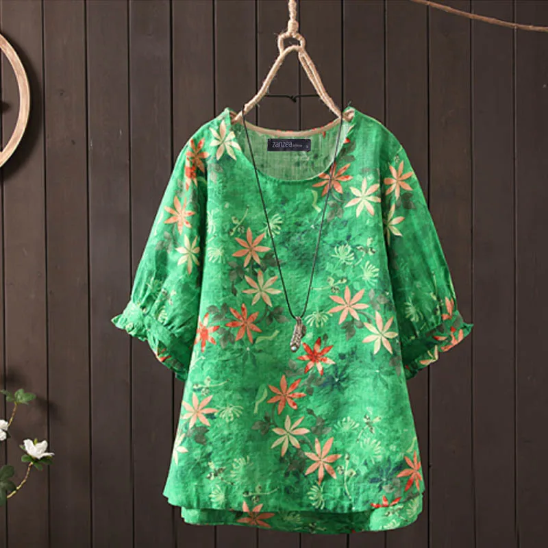 ZANZEA женская блузка Осенняя летняя рубашка с коротким рукавом и круглым вырезом топы с цветочным принтом леопардовая туника Blusas плюс размер Chemise Tee
