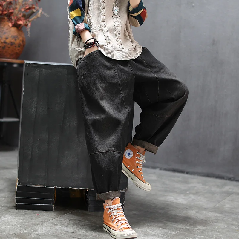

Autumn Jeans Women Large size Loose Retro Denim Pants 2019 New Ladies Ladies pocket Spliced Vintage Casual Denim Trousers