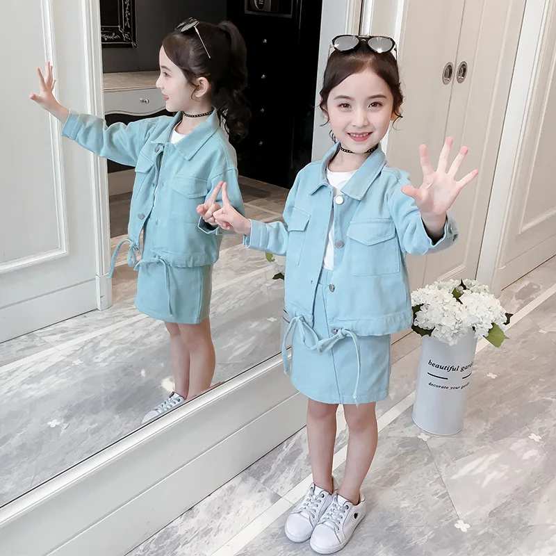 

Kids Girls Clothing Sets Spring Autumn 2019 Girls Fashion Lapel Jacket + Skirts Outfits 2Pcs Children Long Sleeve Clothes Set