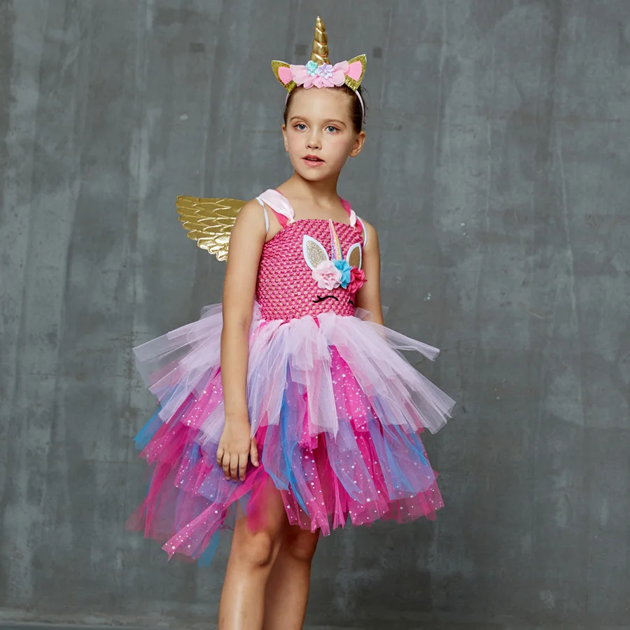 Layered Flower Girl Unicorn Tutu Dress with Headband Wings Sequins Birthday Party Halloween Cosplay Tutu Dress up Unicorn Costume (10)