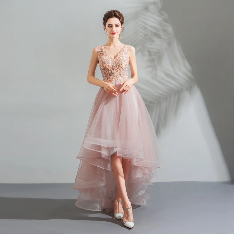 Розовый короткое спереди и длинное сзади Выпускные платья без рукавов, кружевное, с аппликацией платье vestidos de торжественное длинное торжественное Вечеринка платья