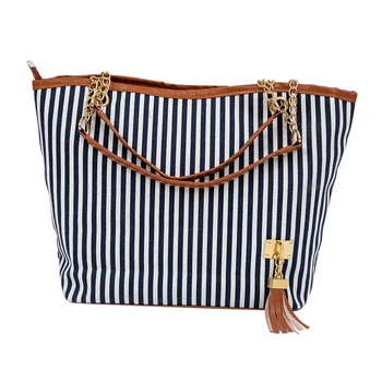

New Fashion Stripe Design Women Street Snap Candid Tote Single Shoulder Canvas Bag Handbag(Blue)