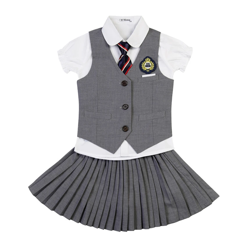 Новая Детская школьная форма, топ, плиссированная юбка, жилет, классная униформа, корейский стиль, костюм для сцены, одежда для мальчиков и девочек