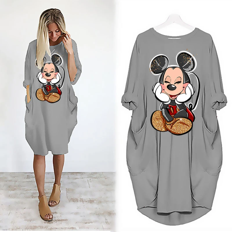 Disney Plus Size Midi Dress Long Sleeve Robe Casual Minnie Mickey Mouse Print Beach Loose Dresses Kawaii Sundress Women Clothing