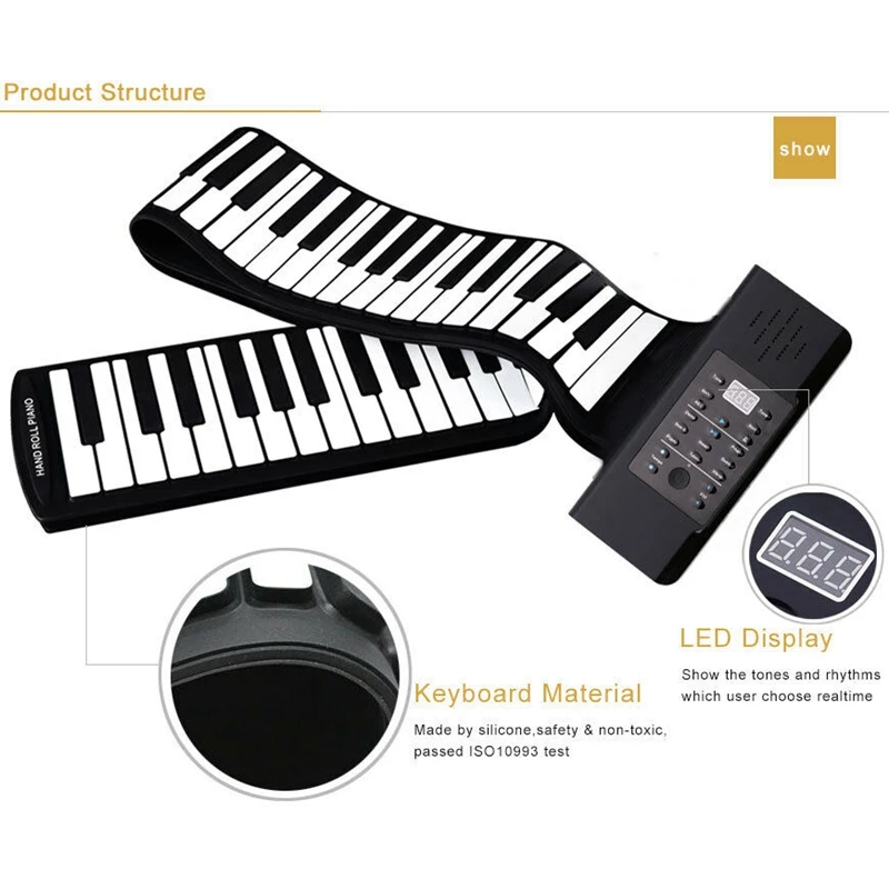 Портативная 88 клавишная электронная рулонная фортепианная Гибкая силиконовая рулонная клавиатура, штепсельная вилка США