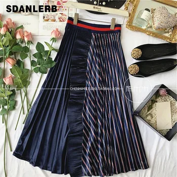 

French Retro Stripe Stitching Lotus Leaf Edged Pleated Skirt Women High-waist Autumn Skirts Elastic Waist Lady Femme
