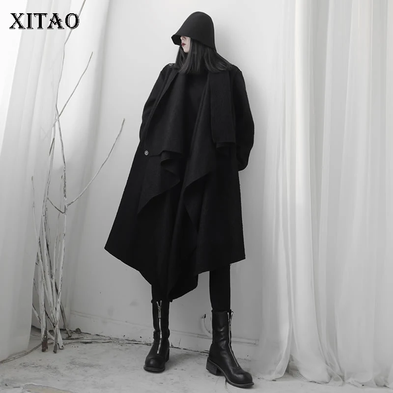 XITAO нерегулярные черный смеси Для женщин зима, ботинки с декором гофре со скрытыми пуговицами длинное однобортное длинный рукав отложной Куртка с воротником XJ2638