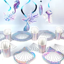

Mermaid Party Colorful Shell Disposable Tableware Plate Cup Napkin Little Mermaid Girl 1st Birthday Under The Sea Party Decor