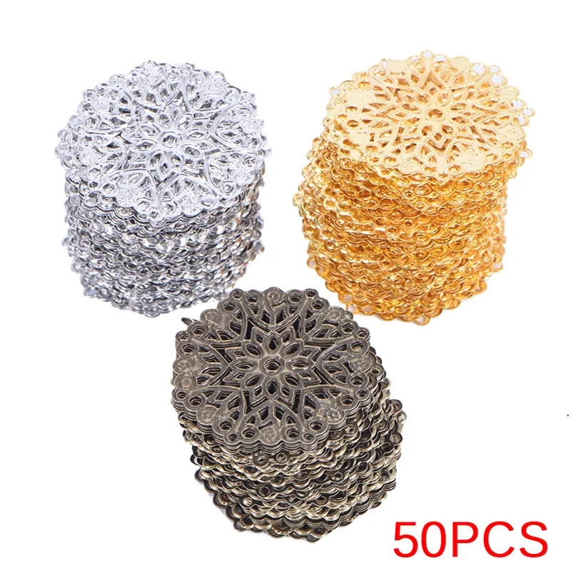 

50PCS Doreen Box Filigree Flower Wraps Connectors Iron Alloy Bronze Tone Color For DIY Jewelry Making Findings 35mm Hole:1mm