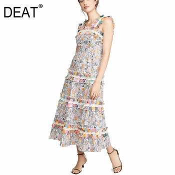 

DEAT 2020 New Spring And Summer Sqaure Collar Sleeveless Printed Flower Backless High Waist Vavation Dress WK71709L