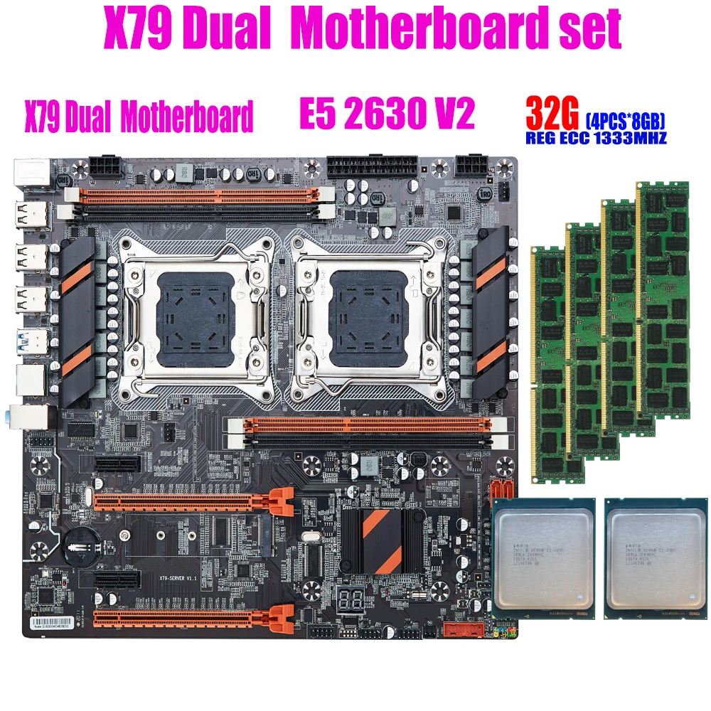 Комплект материнской платы qiyida X79 с двумя ЦП 2 × Xeon E5 2630 V2 4 8 ГБ = 32 Гб 1333 МГц PC3 10600 DDR3