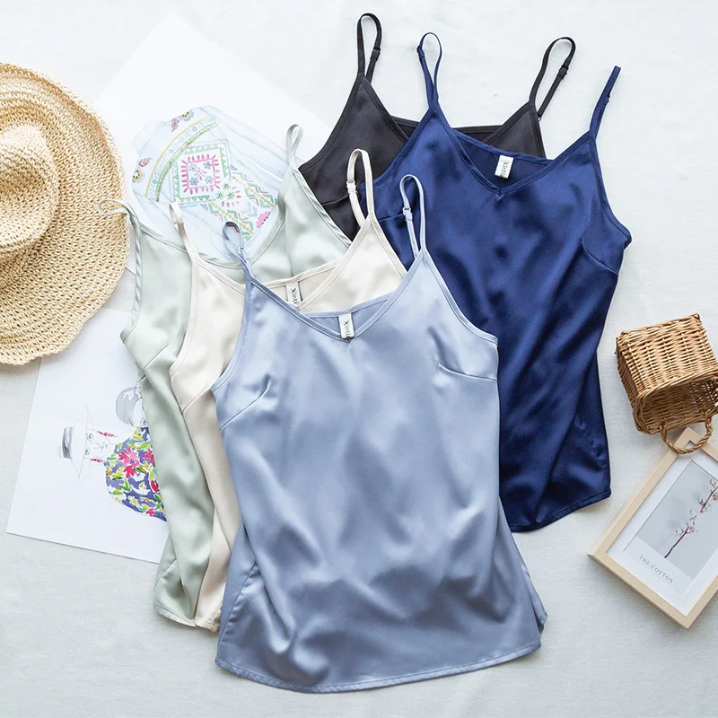 Fashion Satin Women Tank Tops  Black Blue Sleeveless Spaghetti Strap V Neck  Streetwear Camisole S-2XL plus size  M30305