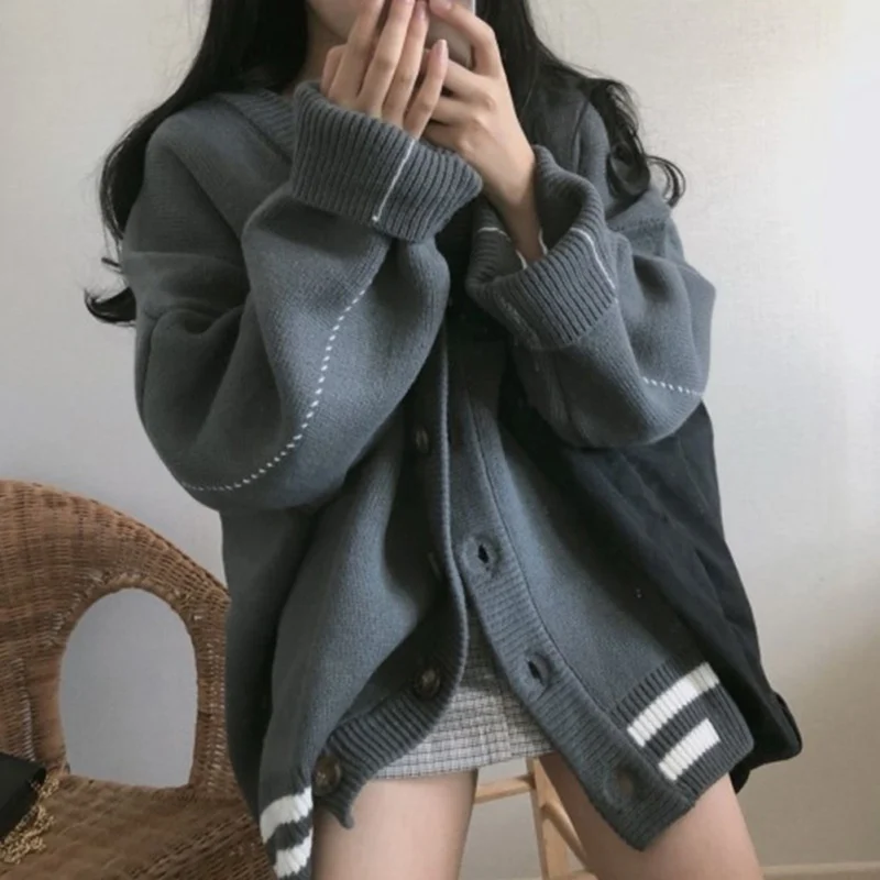 Women Casual Striped Sweater Cardigan Female V-Neck Tops Oversized Long Sleeve Single Breasted Sweater Coat