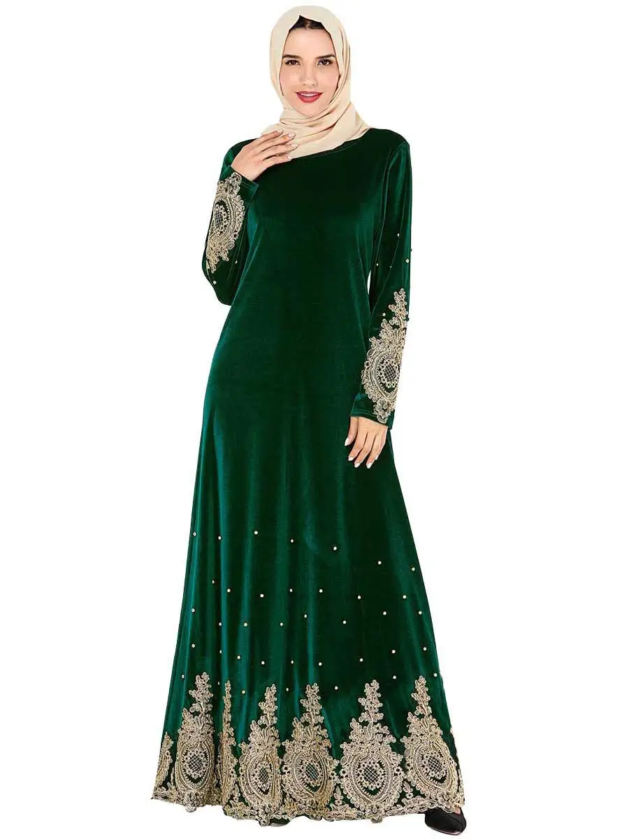 Мусульманские нашивки женские теплые бархатные абайя, кафтан Длинное Макси платье Коктейльные халаты осень зима платье Рамадан арабское платье - Цвет: Зеленый