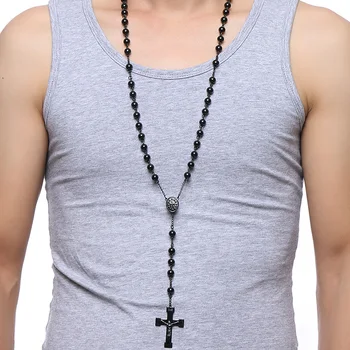 

Meaeguet 76cm Chain Black Stainless Steel Bead Chain Rosary Jesus Christ Cross Pendant Long Charm Necklace For Men