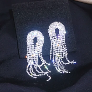 Trendy Luxury Long Tassel Drop Earrings for Women Crystal Rhinestone Big Hanging Dangle Earrings Bride Wedding Jewelry