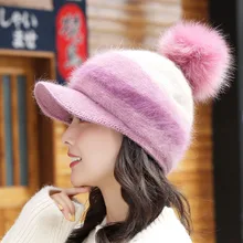 Осенне-зимняя женская толстая вязаная шапка бини с козырьком, милая полосатая шапка из кроличьей шерсти, Толстая теплая шапка с ушками, эластичная купольная шапка