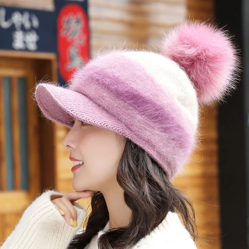 

Autumn Winter Women Thick Knitted Visors Beanie Hat Sweet Striped Rabbit Hair Blend Cap Thick Warm Earflap Cap Elastic Dome Hat
