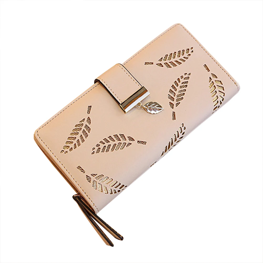Бежевый Wallet Women Fashion Women PU Leather Wallet Purse Card Holders Hollow Leaves For Coins Money carteira Porte Feuille Femme - Цвет: Бежевый