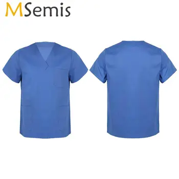 

MSemis Classic Medical Men Adult Medical Functional Short Sleeves Scrub Tunic Spa Workwear Healthcare Nursing Uniform Lab Coat