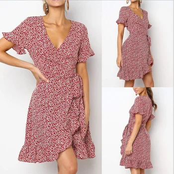 

Sexy Deep V-neck Summer Dress Women Boho Floral Print Mini Party Dress 2020 Elegant Ruffle Short Sleeve Beach Dresses Robe Ete
