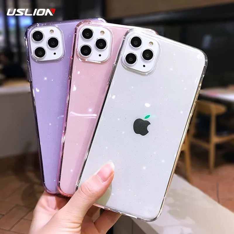 USLION Прозрачный блестящий чехол для телефона iPhone 11 X XR XS Max 7 8 6 6S Plus Мягкий ТПУ задний Чехол блестящая Обложка для iPhone 7Plus